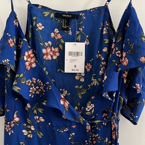 FOREVER 21 Blue Floral Cold Shoulder Wrap Dress NWT - Picture 4 of 7